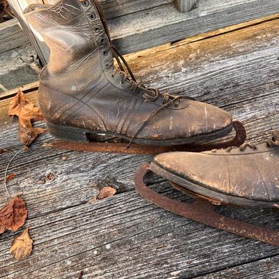 2 Antique Sleds, Ice Skates Lot
