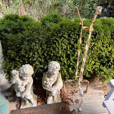 2 Antique Concrete Garden Cherubs, Cast Iron Plant Stand