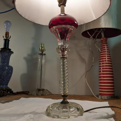 MCM Ruby Glass Font Oil Lamp w/ Clear Twisted Glass Column