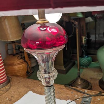 MCM Ruby Glass Font Oil Lamp w/ Clear Twisted Glass Column