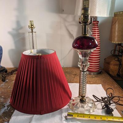 MCM Ruby Glass Font Oil Lamp w/ Clear Twisted Glass Column
