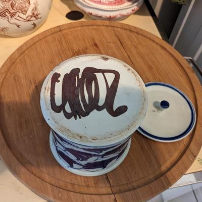 Beautiful Signed Blue and White Lidded Porcelain Canister