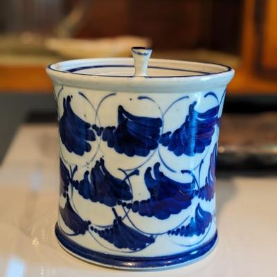 Beautiful Signed Blue and White Lidded Porcelain Canister