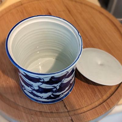 Beautiful Signed Blue and White Lidded Porcelain Canister