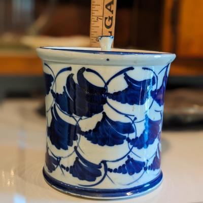 Beautiful Signed Blue and White Lidded Porcelain Canister
