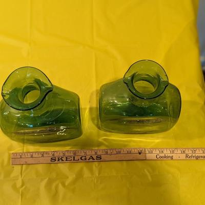 2 Blenko Emerald Green Glass Double Spout Water Bottle Carafe
