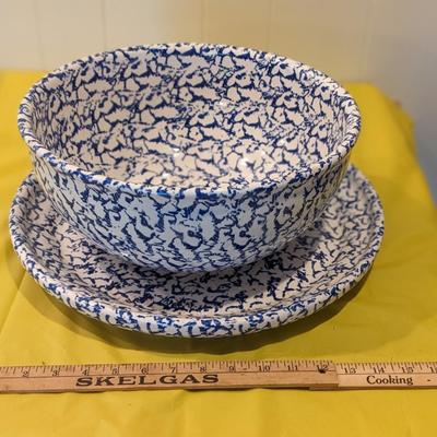 Italian Blue and White Ceramic Serving Platter & Bowl