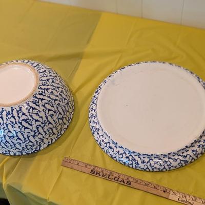 Italian Blue and White Ceramic Serving Platter & Bowl