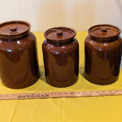 3 Vintage Brown Pottery Crocks