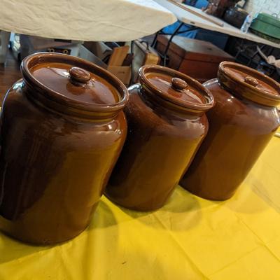 3 Vintage Brown Pottery Crocks