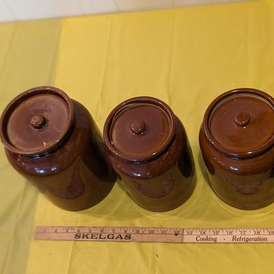 3 Vintage Brown Pottery Crocks