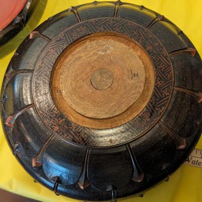 Large Wooden Hand Carved and Painted Covered Bowl