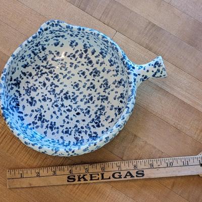 Beautiful Blue over White Sponge Ware Single Handle Casserole French Baker