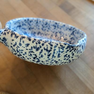 Beautiful Blue over White Sponge Ware Single Handle Casserole French Baker