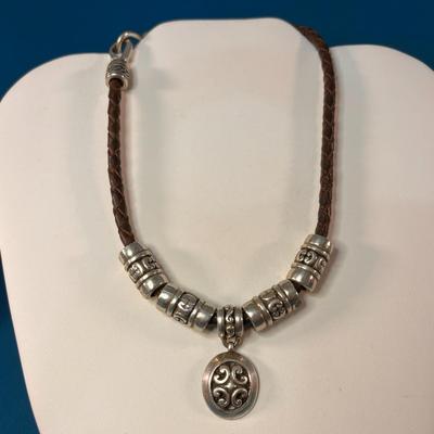 SILVER TONE CHUNKY BEAD, MEDALLION NECKLACE ON BRAIDED LEATHER