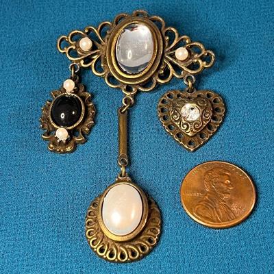 VICTORIAN STYLE DANGLY ORNATE PIN: FAUX PEARL, RHINESTONE, HEART, ETC.