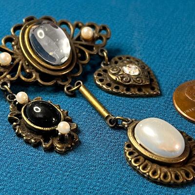 VICTORIAN STYLE DANGLY ORNATE PIN: FAUX PEARL, RHINESTONE, HEART, ETC.