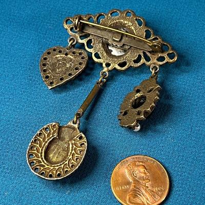 VICTORIAN STYLE DANGLY ORNATE PIN: FAUX PEARL, RHINESTONE, HEART, ETC.