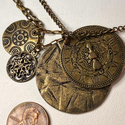 BRONZY LOOK 4 MEDALLION NECKLACE w/ CLOCK FACE â€œBOHMâ€