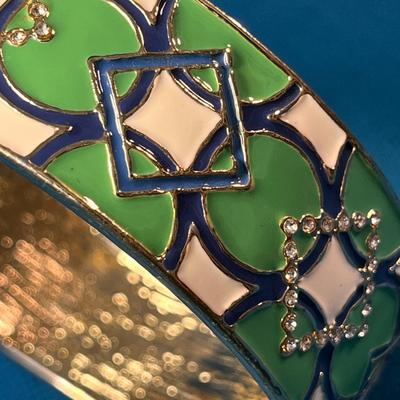 BLUE GREEN WHITE ENAMELED BANGLE BRACELET w/ TINY INSET RHINESTONES