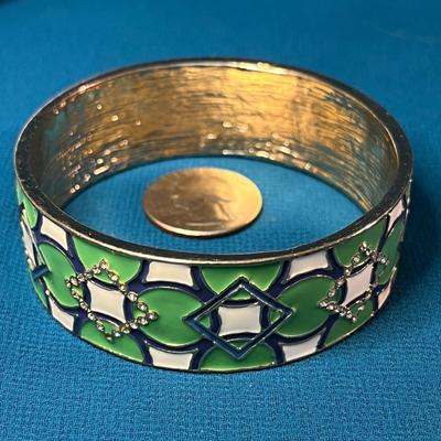 BLUE GREEN WHITE ENAMELED BANGLE BRACELET w/ TINY INSET RHINESTONES