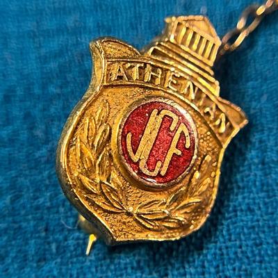 ATHENIAN JCF 2 PART LAPEL PIN w/ 47 AND COWBOY HAT WHAIN- FRATERNITY PIN?