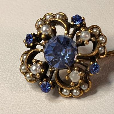 FANCY BLUE RHINESTONE FAUX PEARL STICK PIN FANCY END