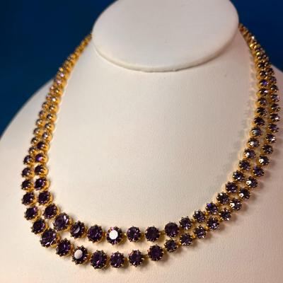 BEAUTIFUL HATTIE CARNEGIE DOUBLE STRAND PURPLE RHINESTONE NECKLACE