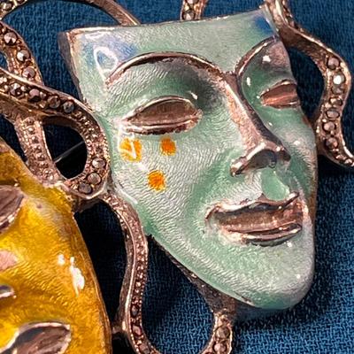 EXQUISITE STERLING ENAMELED, MARCASITE COMEDY/TRAGEDY PIN
