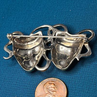 EXQUISITE STERLING ENAMELED, MARCASITE COMEDY/TRAGEDY PIN