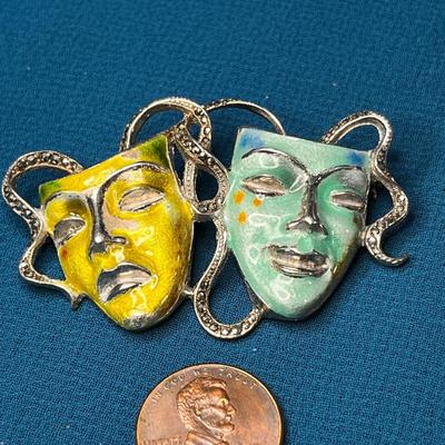 EXQUISITE STERLING ENAMELED, MARCASITE COMEDY/TRAGEDY PIN