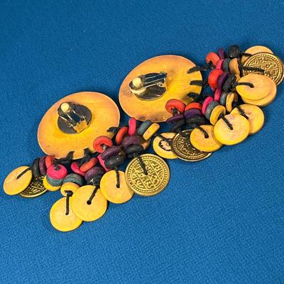 FUN TRIBAL COLORFUL WOOD, METAL DANGLY EARRINGS