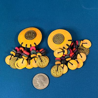 FUN TRIBAL COLORFUL WOOD, METAL DANGLY EARRINGS