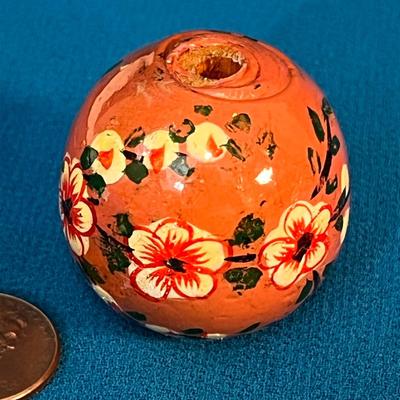 LARGE FLORAL PAINTED WOOD BEAD