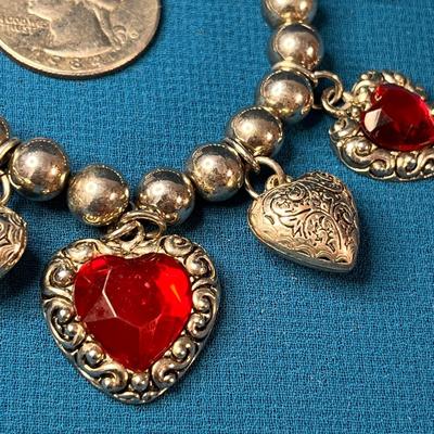 FANCY HEARTS CHARM BRACELET w/ RED FACETED INSET GLASS STONES