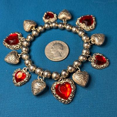 FANCY HEARTS CHARM BRACELET w/ RED FACETED INSET GLASS STONES