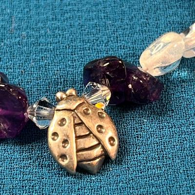 LOVELY PURPLE STONE, GLASS BEAD, LADY BUG PENDANT NECKLACE
