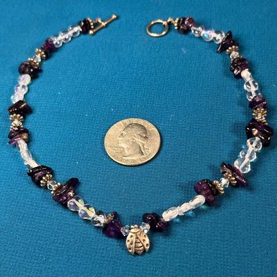LOVELY PURPLE STONE, GLASS BEAD, LADY BUG PENDANT NECKLACE