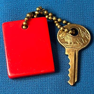 VINTAGE BAKELITE CHERRY RED KEY FOB & COOL EMBOSSED LION KEY
