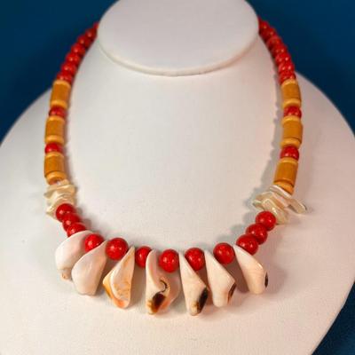 WOOD BEAD AND SEASHELL NECKLACE RED, WHITE AND BROWN