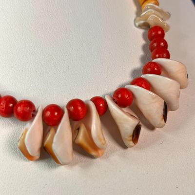 WOOD BEAD AND SEASHELL NECKLACE RED, WHITE AND BROWN