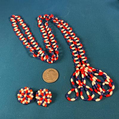 RED WHITE BLUE BEAD DANGLY NECKLACE AND EARRING SET