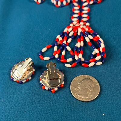 RED WHITE BLUE BEAD DANGLY NECKLACE AND EARRING SET