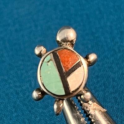 LIKELY SILVER with INSET TURQUOISE, CORAL, MOTHER OF PEARL TURTLE TIE TACK