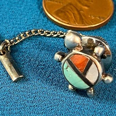 LIKELY SILVER with INSET TURQUOISE, CORAL, MOTHER OF PEARL TURTLE TIE TACK