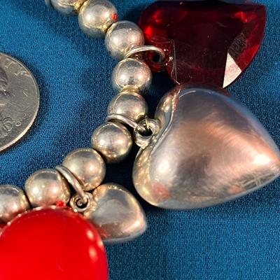 FUN CHUNKY SILVER TONE METAL AND FACETED HEARTS CHARM BRACELET