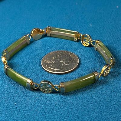 JADE? AND GOLD TONE BRACELET WITH OPENWORK HANZI SPACERS