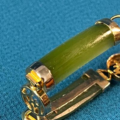 JADE? AND GOLD TONE BRACELET WITH OPENWORK HANZI SPACERS