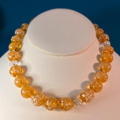 VINTAGE GLASS GOLD, WHITE BEAD NECKLACE MARKED â€œJAPANâ€