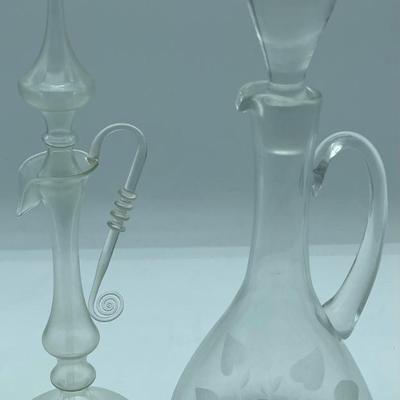 2 Vintage Etched Handled Glass Decanterâ€™s with Lidâ€™s